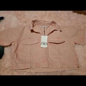 Zara Light Pink Cropped Jean Jacket